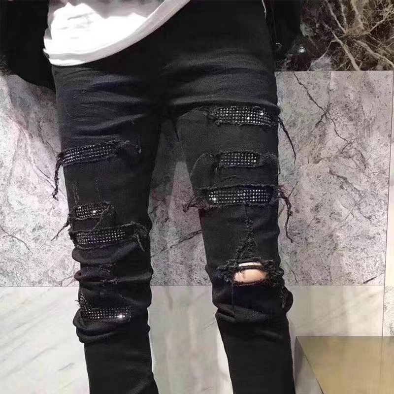 

2023 New Men's Jeans Slim Jeans Black Hot Diamonds Set Diamonds High Street Straight Slim Wash Hole Jeans Long Pants Size S-XL -34, Gift