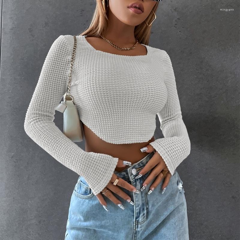 

Women's T Shirts Womens Long Sleeve Square Neck Waffle Knitted Slim Crop Top Solid Color Asymmetrical Hem Short Pullover Sweater T-Shirts, White
