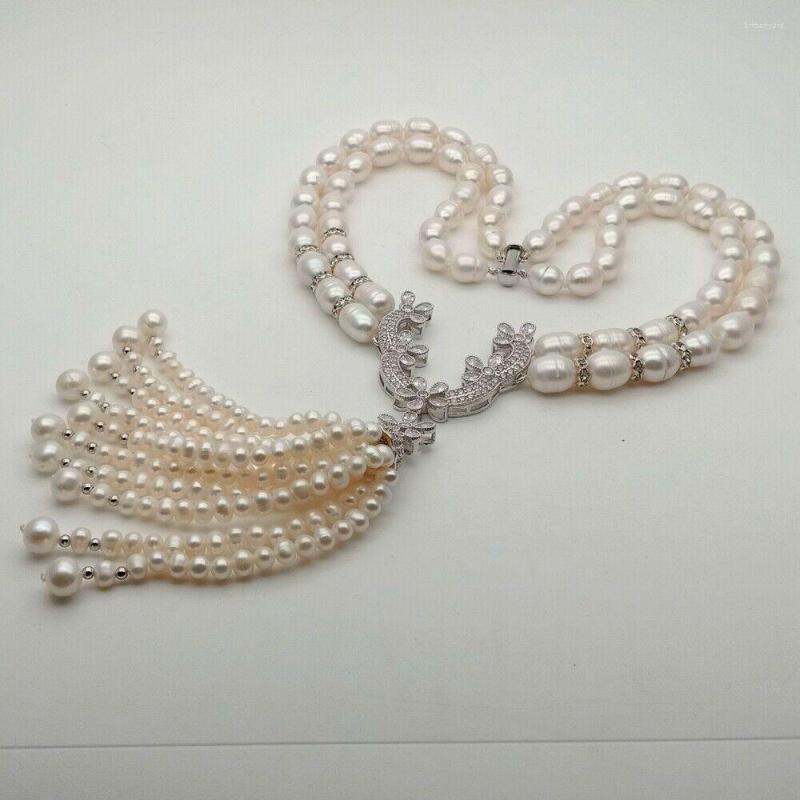 

Chains Fashion Statement Natural White Freshwater Pearl Tassels Necklace Zircon Accessories Clasp 48-51cm Long