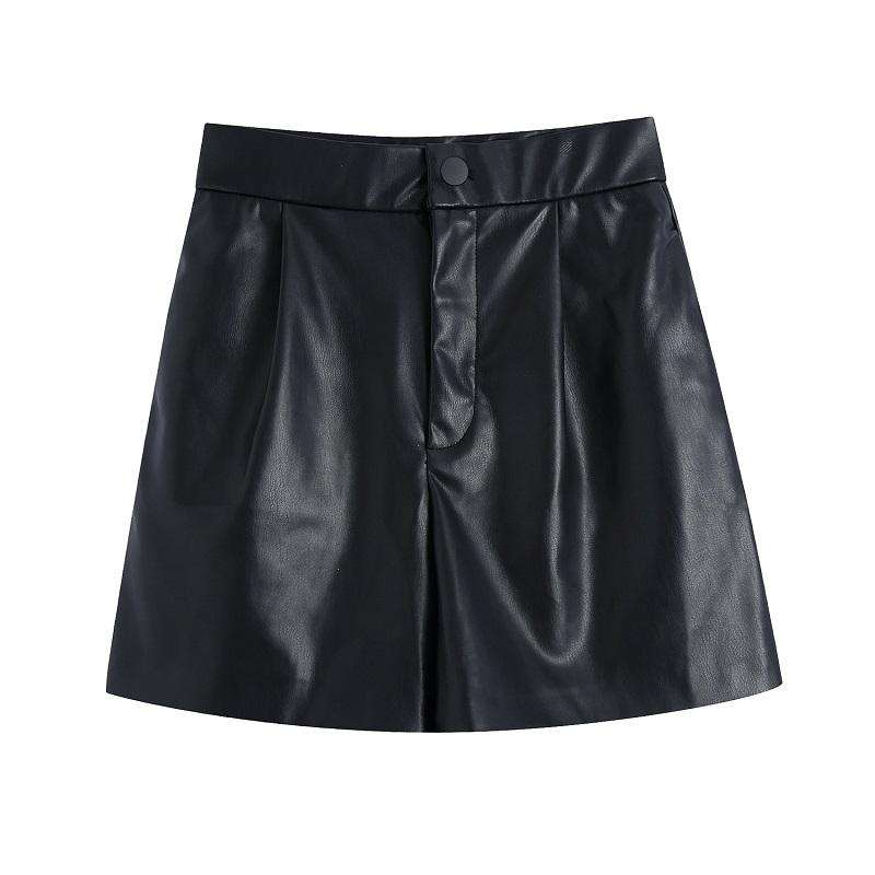 

Women's Shorts ZXQJ Women 2023 Chic Fashion Faux Leather Side Pockets Vintage High Waist Zipper Female Short Pants Mujer, Picture shown