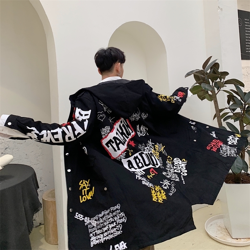 

Men s Jackets Letter Print Jacket for Men Graffiti Trench Coat Hip Hop Clothing Teen autumn Fashion trend harajuku streetwear Long Windbreaker 230311, Black
