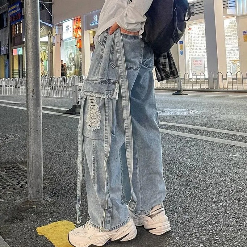 

Men's Jeans Y2K Men Vintage Streetwear Korean Baggy Ripped Jeans High Waiste Straight Wide Leg Pants Denim Trousers Joggers Male Clothes 230313, Black