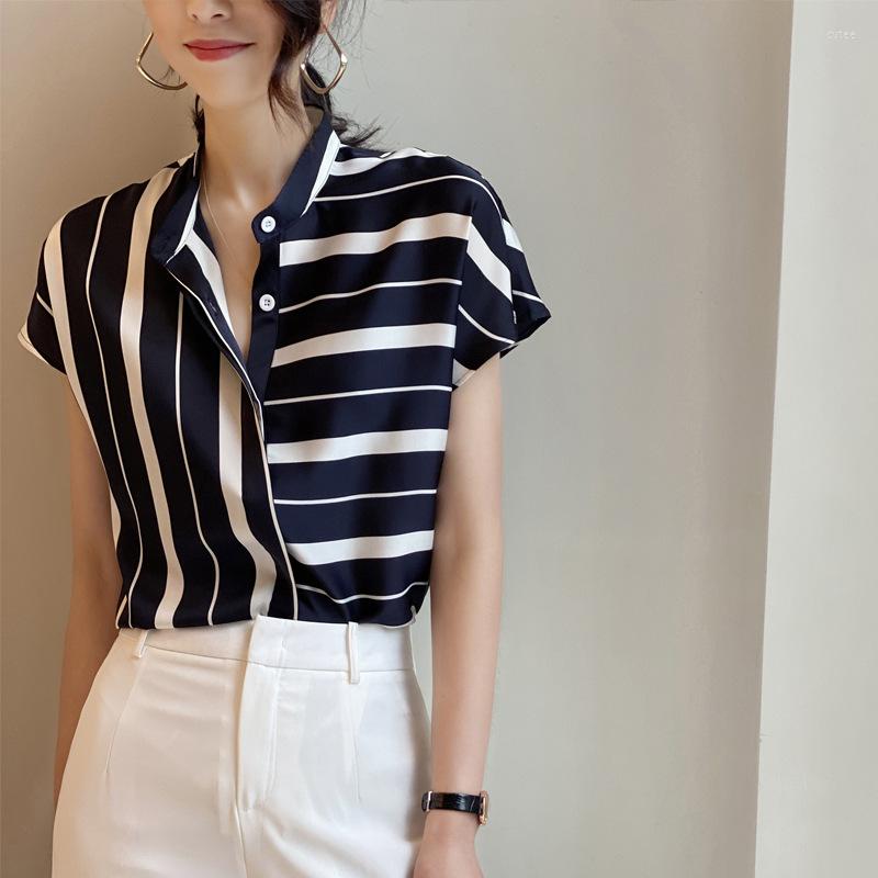 

Women' Blouses Irregular Striped Chiffon Shirts Women Classical Single Breasted Drop Shoulder Female Stand Collar Short Sleeve Thin Summer