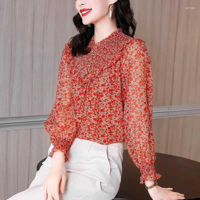

Women's Blouses Orange Blouse Women Buttons Ruffle Chiffon Shirt Office Ladies Floral Print Spring Autumn Retro Loose Long Sleeve Tops