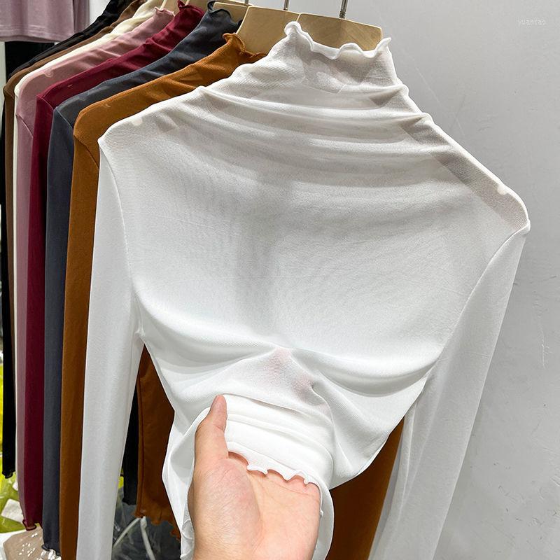 

Women' T Shirts Autumn Korean Mesh T-Shirt Women Turtleneck Vintage Long Sleeve Office Lady Tshirts Slim Shirt Lace Blouse For Ladies, Black