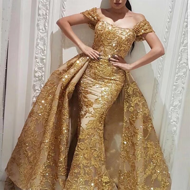

Elegant Plus Size prom dresses Arabic Aso Ebi Red Mermaid Sparkly Prom Dress Sheer Neck Evening Formal Party Second Reception Birthday Engagement Gowns Dres, Gold