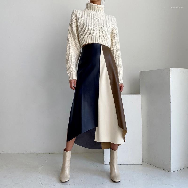 

Skirts Spring Autumn Irregular Color Block Patchwork Long Skirt Women Jupe Longue Pu Leather, Multi