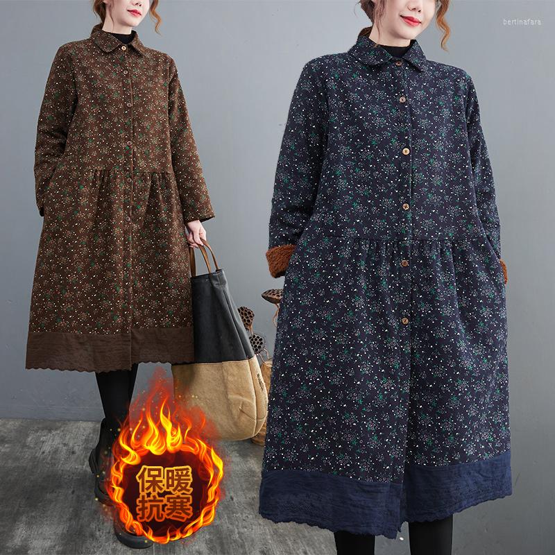 

Casual Dresses Cotton Linen Thick Fleece Warm Patchwork Lace Vintage Winter Lady Lapel Floral Dress Women Outerwear Vestidos, Dark blue