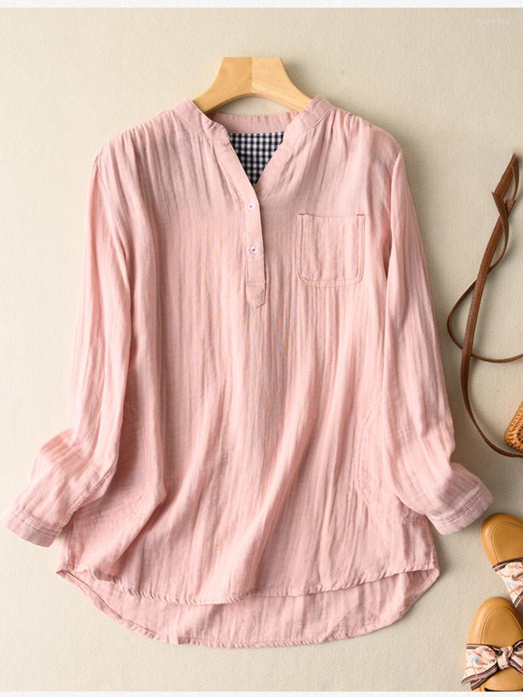 

Women's Blouses Lamtrip Double Layers Cotton Yarn Soft Skin-Friendly Breathable Long Sleeve Vintage Shirt Blouse, Blue