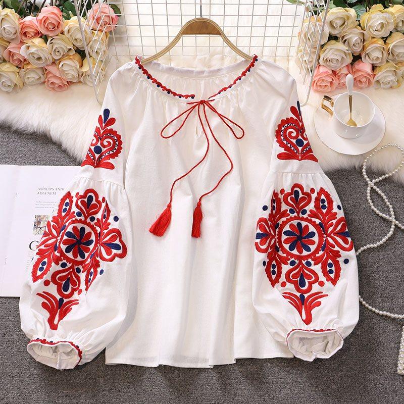 

Women's Blouses Tassels National Style Women's Retro Blouse Embroidered Lace-Up Lantern Sleeve Tops Female Loose Tassel V-Neck All-Match, Black