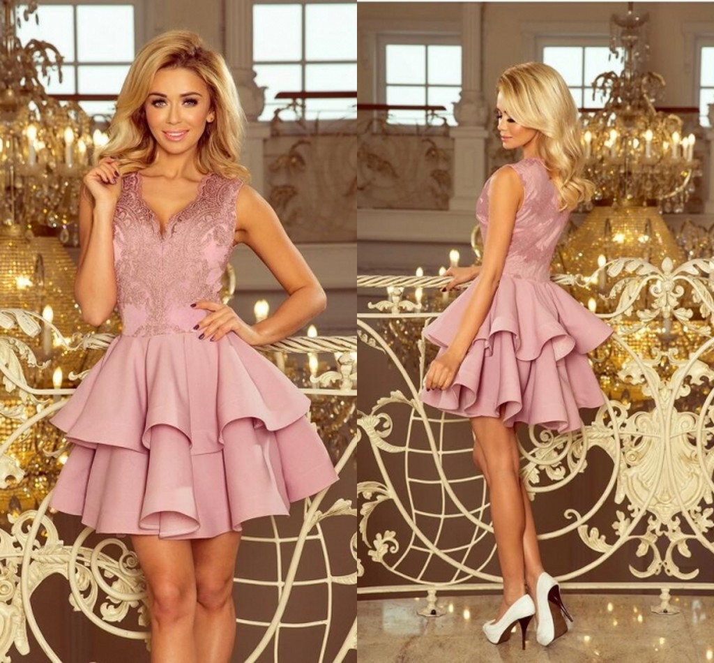 

Pink Cocktail Dresses Sexy A Line V Neck Appliques Short Homecoming Gowns Ruffles Mini Club Prom Wears BC15422, Same as picture