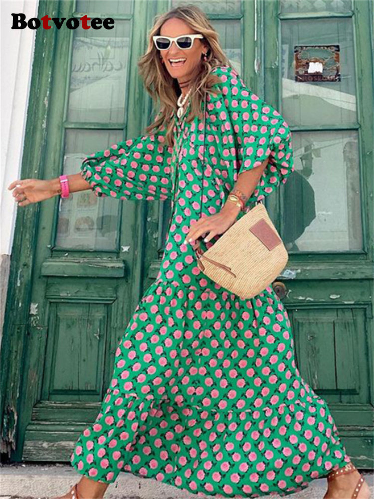 

Casual Dresses Botvotee Maxi Dress for Women Geometric Print Puff Sleeve V Neck Elegant Summer Dresses Casual Oversized A Line Long Dress 230313, Orange red