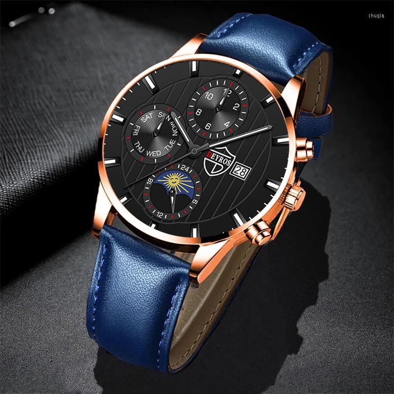 

Wristwatches Mens Watchs Luxury Business Stainless Steel Quartz Wrist Watch Male Leather Calendar Luminous Clock Reloj Hombre, Leather rose black
