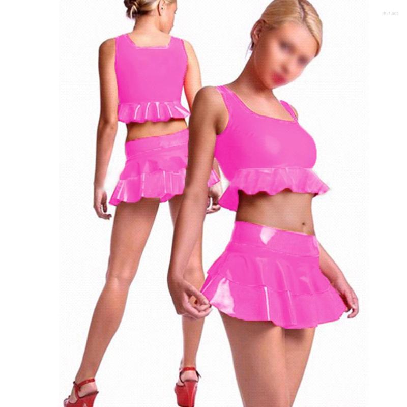

Work Dresses Sexy Club Latex PVC Fashion Slim Solid Colors Tank Short Top Skirt Suits Cropped Tops Pleated Skirts Pole Dance Nightclub 2, Black