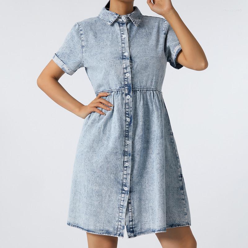 

Casual Dresses Women Denim Summer Clothes 2023 Solid Color Lapel Short-Sleeve Buttons Chic And Elegant Evening Party Dress Streetwear