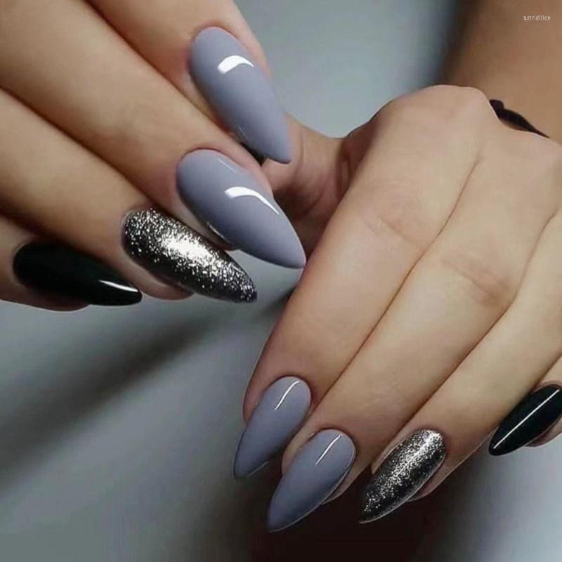 

False Nails 24pcs Manicure Pink Star Fake Nials DIY LongBallerina Bursting Flash Milk Grey French, W267