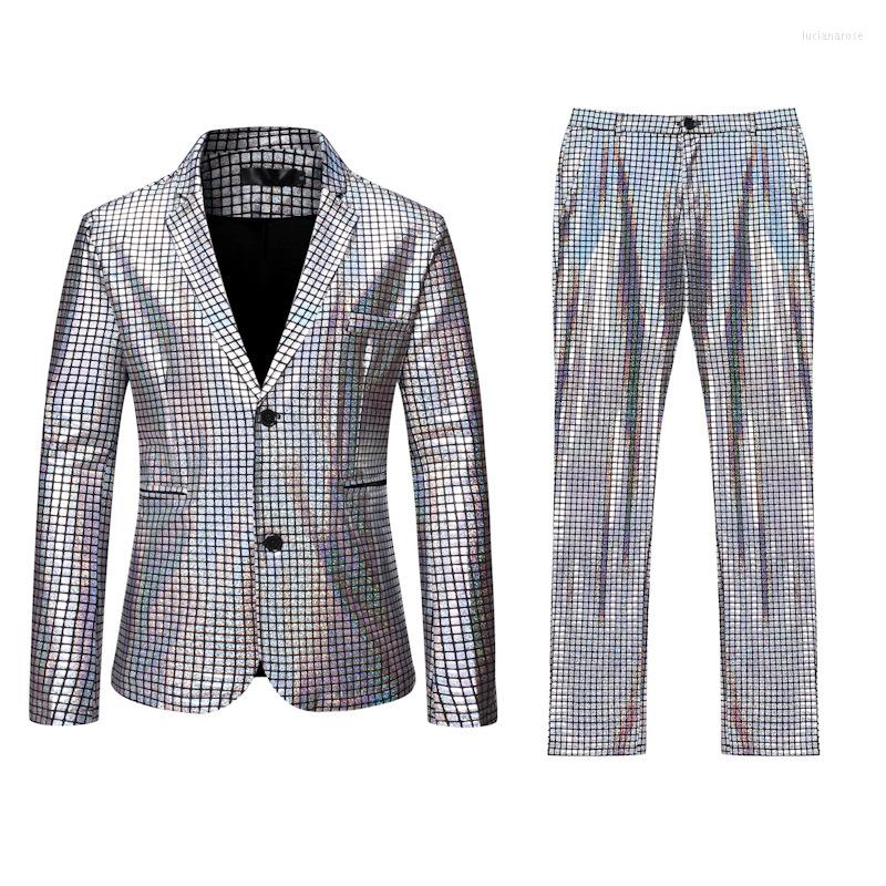 

Men' Suits Mens Stage Prom Silver Plaid Sequins Jacket With Pants Dance Party Wedding Groom Tuxedo 2 Piece Suit Men Costume Homme XL