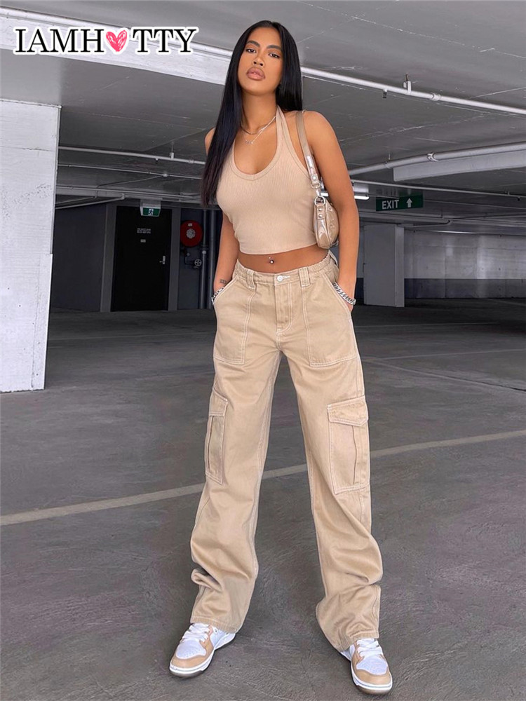 

Womens Jeans Vintage Khaki Wide Leg Cargo High Waist Big Pockets Baggy Denim Trousers Casual Oversized Pants Street Sweatpants Iamty 230313, Auburn