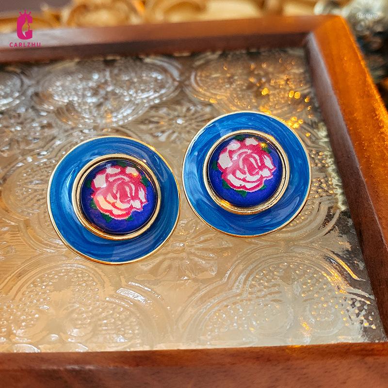 

Stud Earrings Light Luxury Temperament Dropping Oil Rose Flower Big Round Medieval Vintage Earring For Women Fashion Jewelry