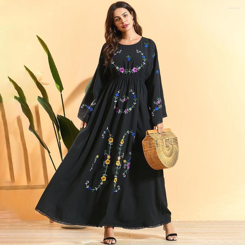 

Ethnic Clothing Muslim Dress Bohemian Large Long-sleeve Casual Loose Long Women's Floral Embroidery Folds Waist Abaya Dubai Dresses