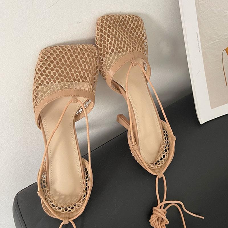 

Dress Shoes 2023 Women Autumn Mesh Casual Pumps Sandals Female Square Toe High Heel Lace Up Cross-tied Stiletto Hollow De Mujer, Black