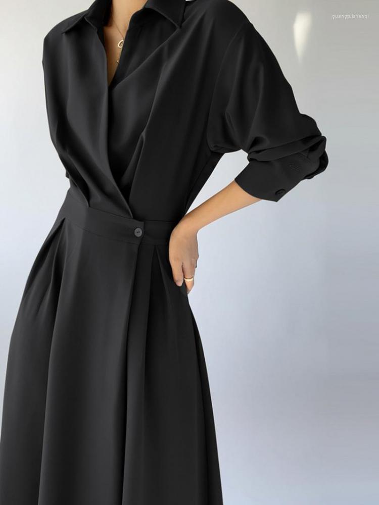 

Casual Dresses Spring Elegant Women Midi Shirt Dress Long Sleeve Slim High Waist A-Line Black Vestidos Female Fashion Outerwear Cloths