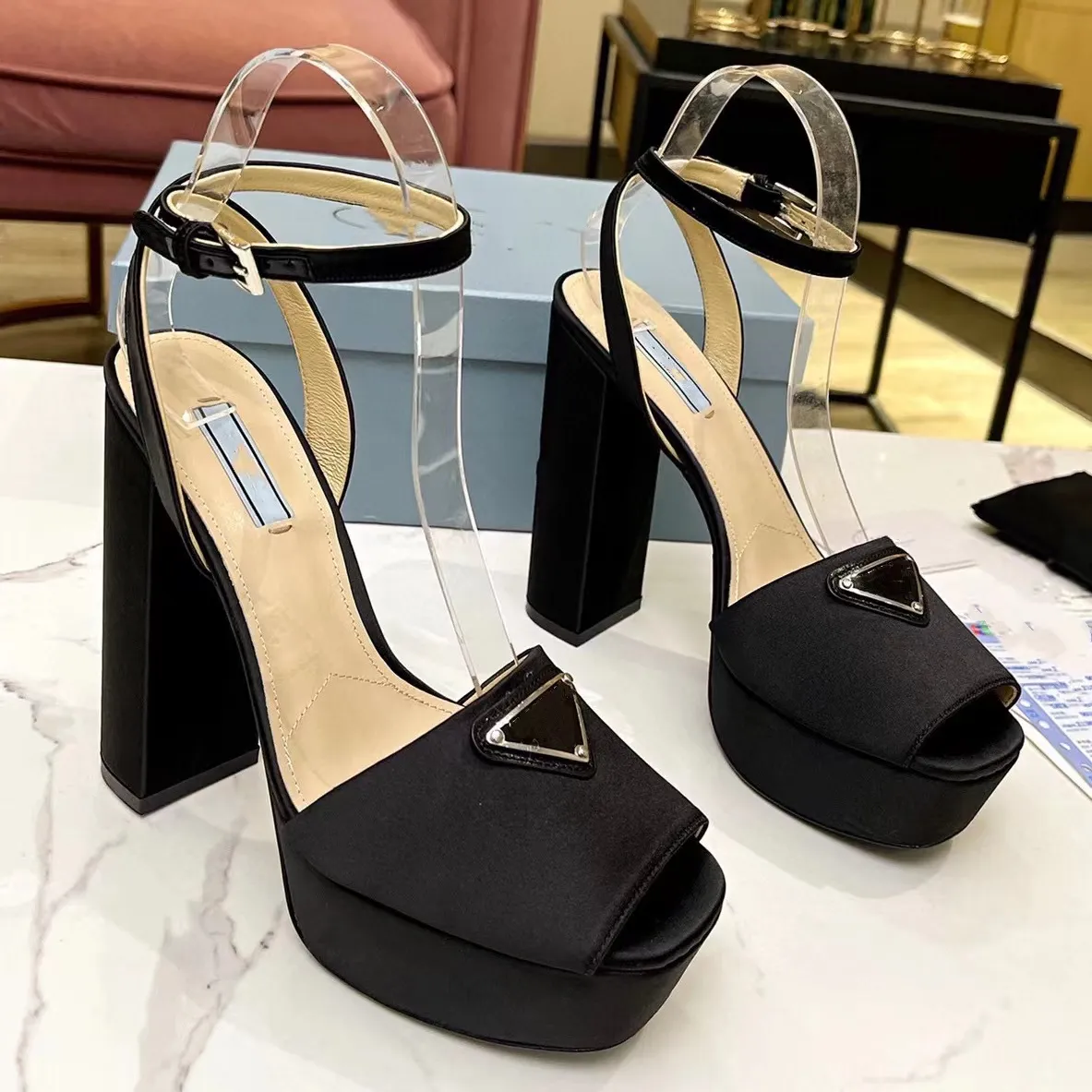 

rhinestone sandals Luxury Designers womens platform heel dress shoes Classic triangle buckle Embellished Ankle strap 13CM high Heeled women sandal 34-42 with box, 18