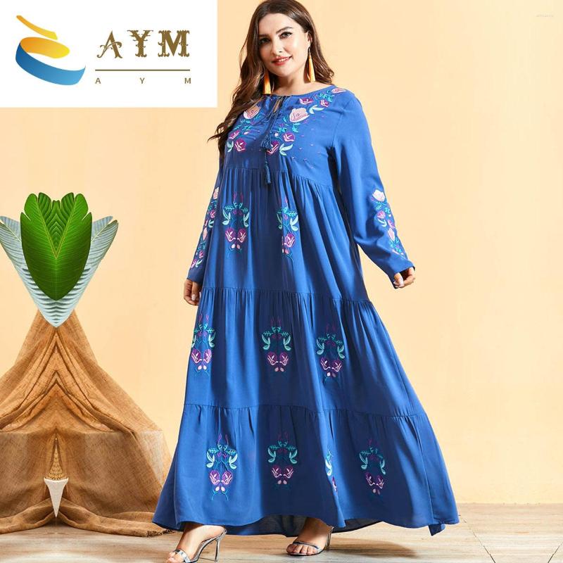 

Casual Dresses Fashion For Women Blue Plus Size Women's Floral Embroidered Layered Pleated Boho Long Sleeve Loose Maxi Dress