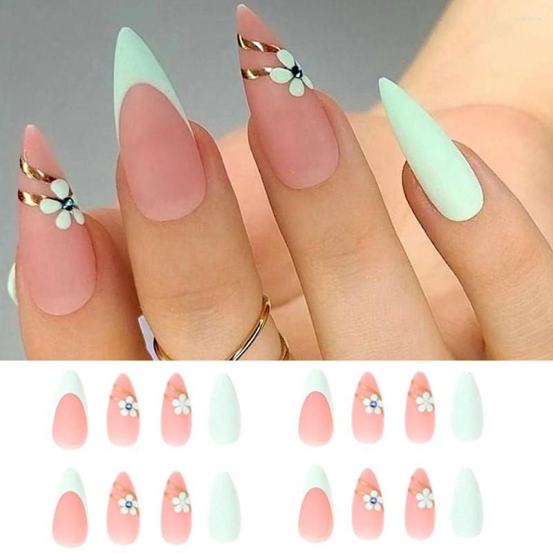 

False Nails 24pcs Pink Press On Long Almond Fake Golden Line Small Flower Full Cover French DIY Manicure Nail Tips, Jp2004