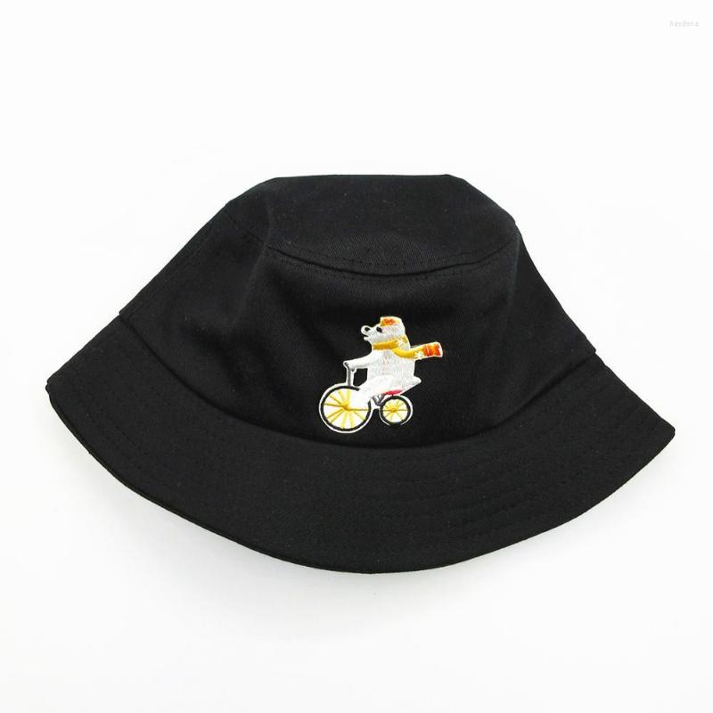 

Berets 2023 Cartoon Bear Embroidery Cotton Bucket Hat Fisherman Outdoor Travel Sun Cap Hats For Men And Women 363, White