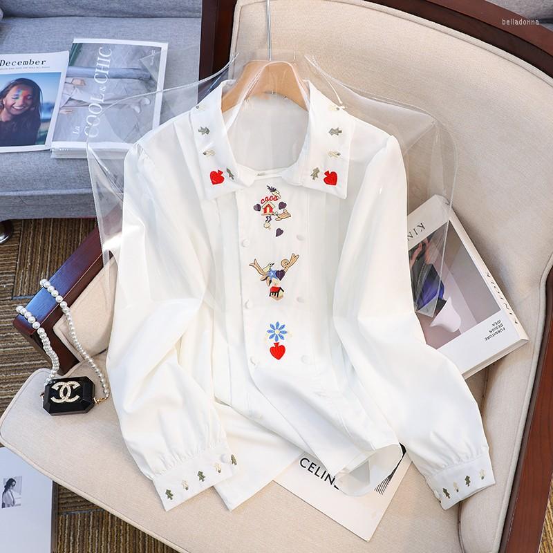 

Women's Blouses Vintage Embroidery Blouse Women's Shirt Casual Elegant Polo-Neck Double Breasted Long Sleeve Tops 2023 Spring Autumn, White