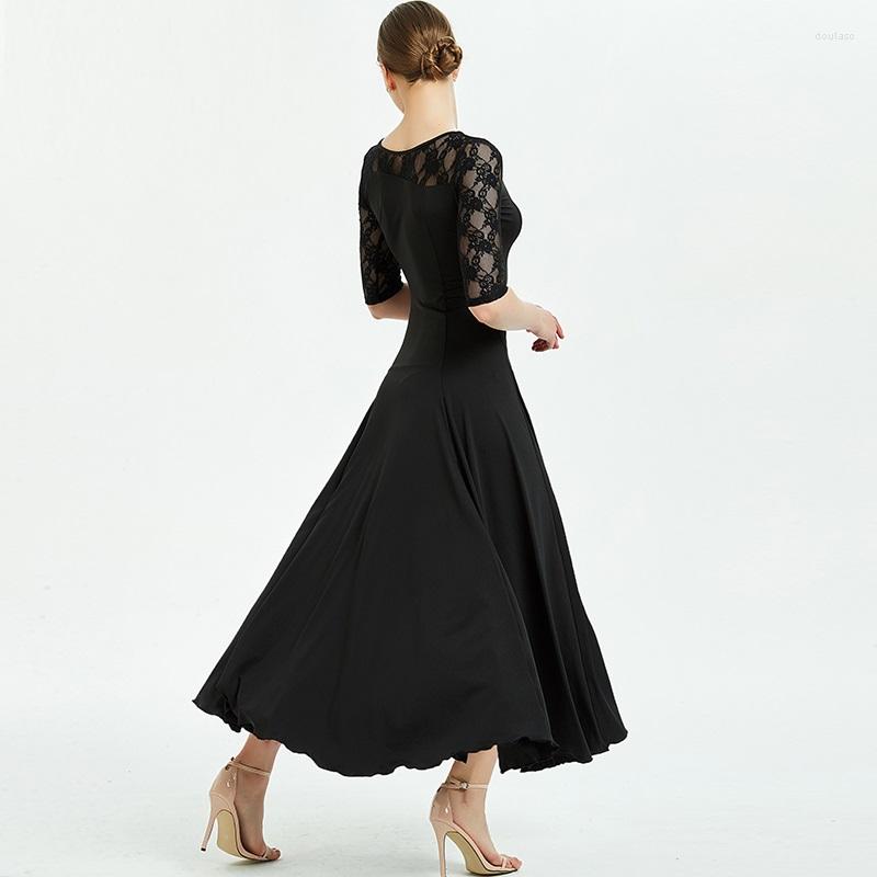 

Stage Wear Black Ballroom Dance Dresses For Sale Long Dress Women Tango Costume Lace Foxtort, Short sleeves