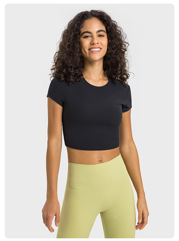

Women Yoga Outfit Knitted Short Sleeve Moisture Wicking CropTop Breathable Seamless Short Top Summer LL8973, Khaki