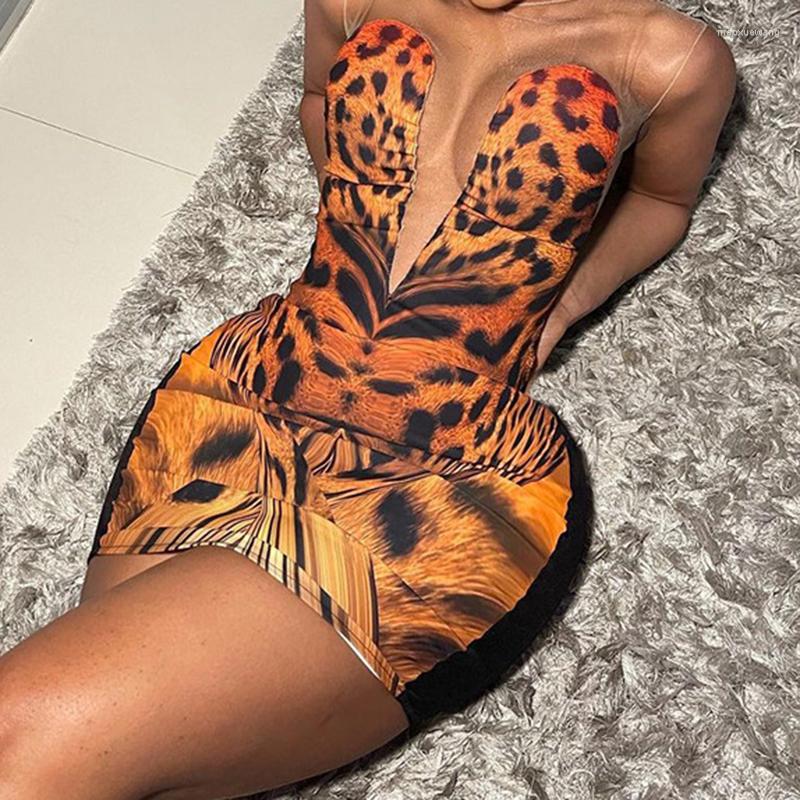 

Casual Dresses Sexy Leopard Printed Mesh Patchwork Stretch Sleeveless High Fashion See Through Bandage 2023 Summer Clubwear Basic Dress