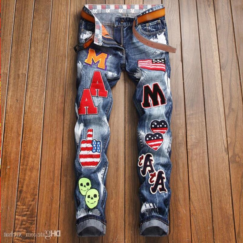 

Pants Men More Badge Slim Fit Jeans Straight Leg Washed Fashion Designer Sreetwear Painted Biker Men's Denim Pants Trousers Big Si Iaxd, 1049