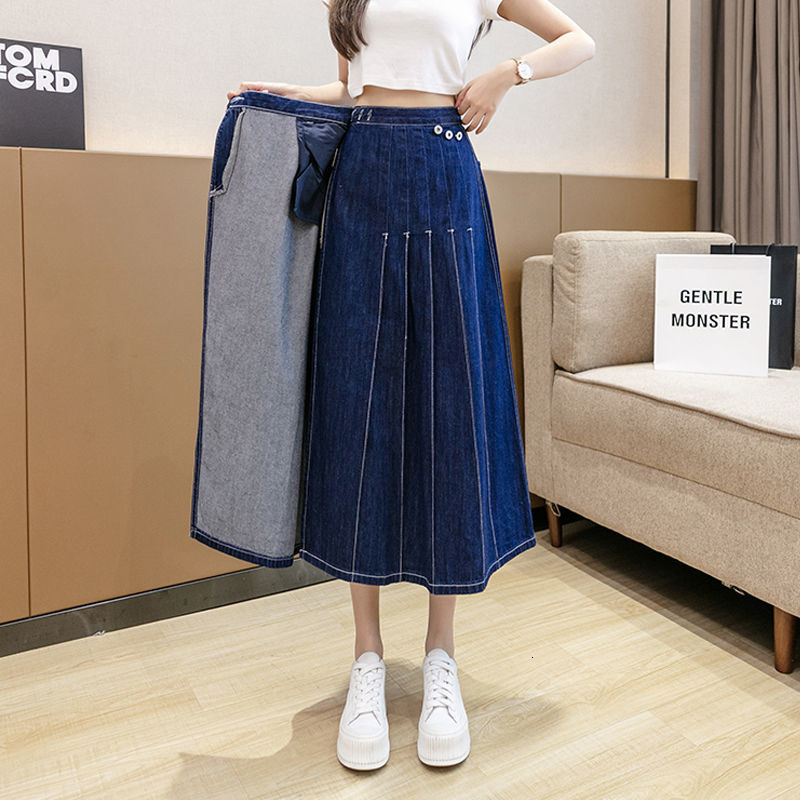 

Skirts Pleated Midi Denim Skirt Irregular Women Korean Fashion High Waist Jean Skirts Harajuku Vintage Faldas Ropa Mujer 230313, Blue