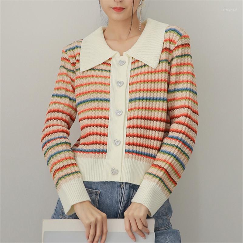 

Women's Knits Korea Version Striped Knitted Women Cardigan Jacket Autumn Temperament Short Female Sweater Coat, Sky blue