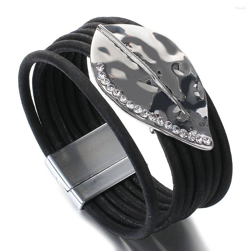 

Charm Bracelets Amorcome Punk Alloy Rhinestone Leaf Bracelet Bohemian Black Leather Magnet Buckle Bangles For Women Girls Gift