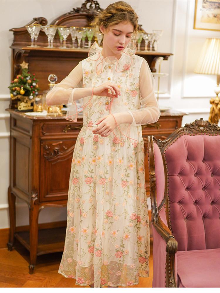 

Casual Dresses Autumn Women Spring Vintage Mori Girl Luxury Embroidery Mesh Long Ladies Retro Sweet Beading Sequins Loose Dress, As picture shown