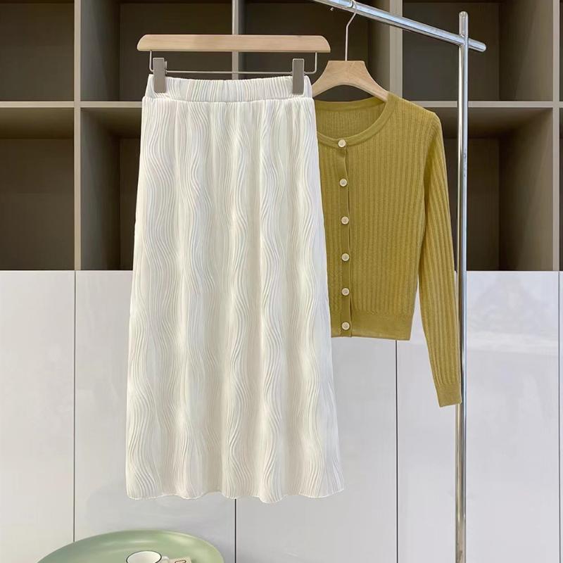 

Skirts Elegant Long Pleated Skirt Women 2023 Summer Fashion Elastic Waist Pure Female Over KneeSkirts, White