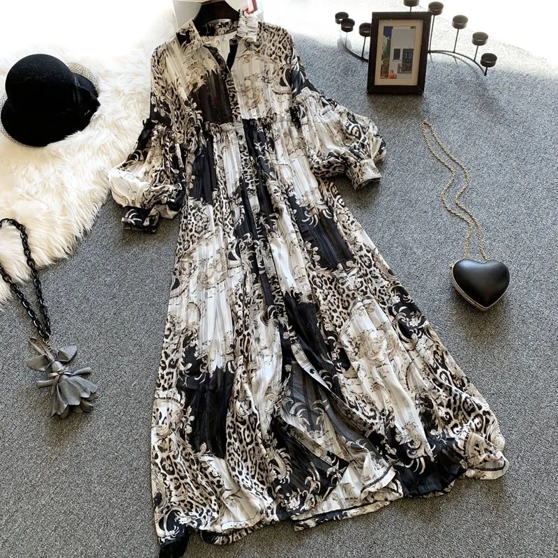 

Casual Dresses Leopard Vintage Chiffon Lantern Long Sleeve Folds Womens Dress Korean Fashion Turndown Collar Loose MidCalf Dresses For Women 230313, Black