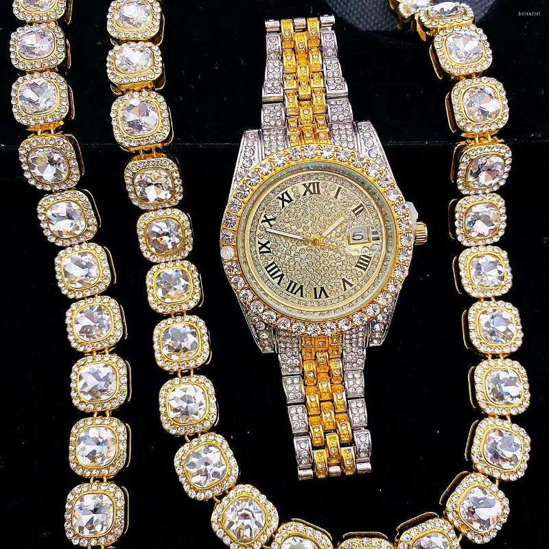 

Wristwatches 3pcs Hip Hop Rapper Rock Full Iced Out Watches Mens Gold Tennis Link Chain Bracelet Necklace Bling HipHop Jewelry Women's, Bgold mix dark red