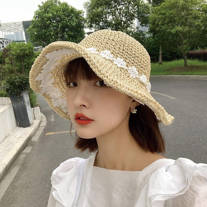 

Wide Brim Hats Ladies And Caps Summer Hollow Breathable Sunscreen Straw Hat Female Small Flowers Woven Korean Fashion, Khaki
