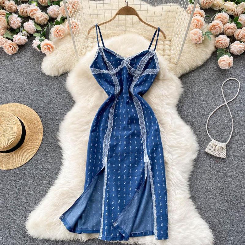 

Casual Dresses ZCWXM 2023 Summer Fashion Lace Patchwork Denim Dress Women Designer Double Split Sexy Backless Spaghetti Strap Party, Blue