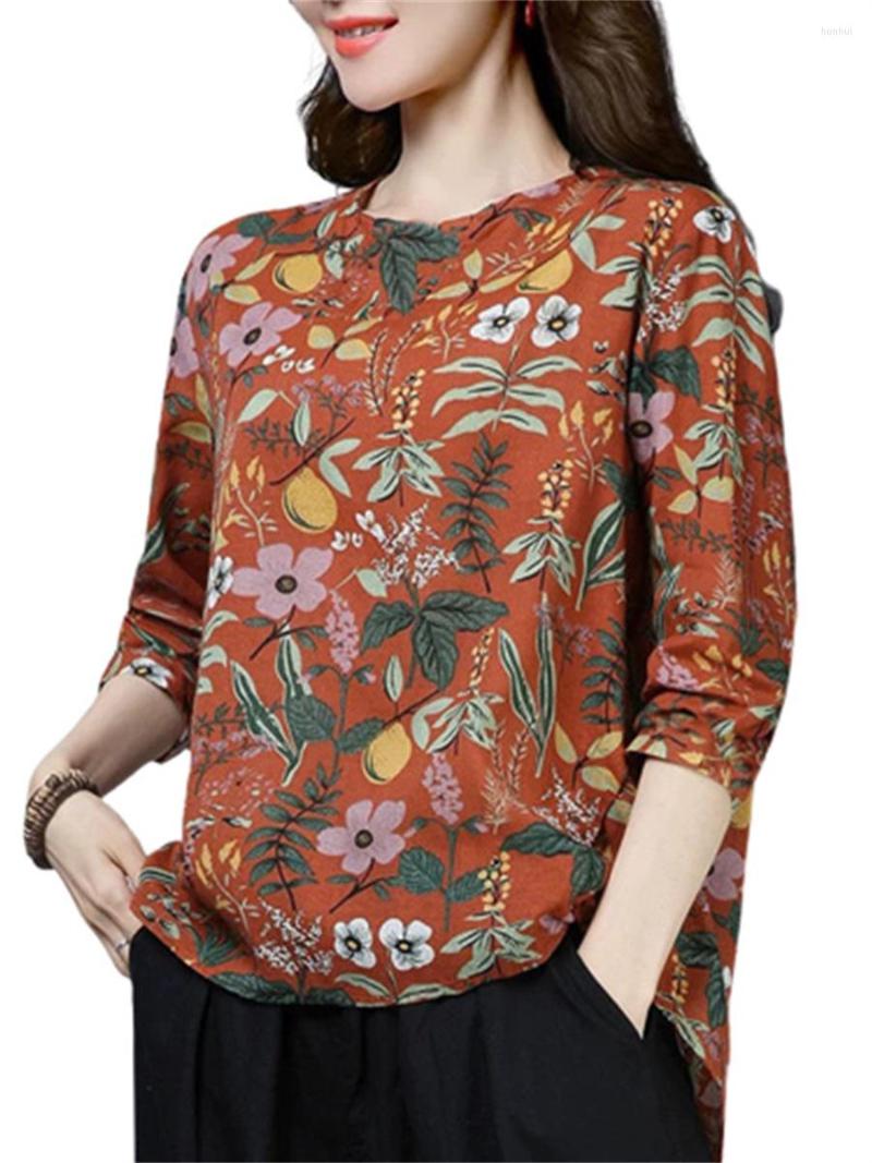 

Women's Blouses Women Spring Summer Shirts Lady Fashion Casual Long Sleeve O-Neck Collar Flower Print Blusas Tops WY0430, Beige