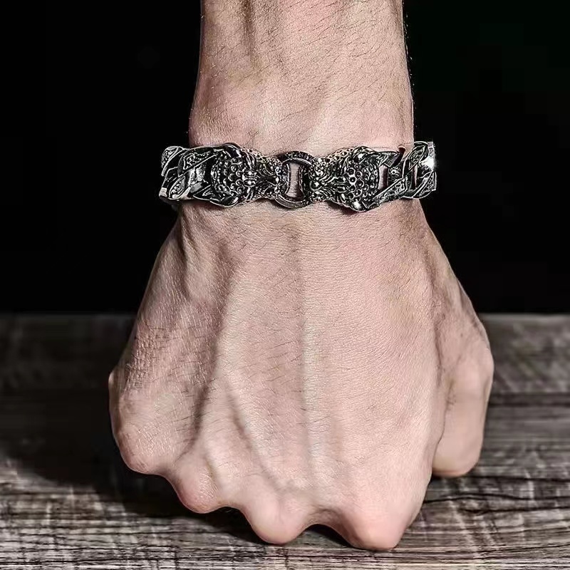 

Charm Bracelets S925 Sterling Silver Leopard Head Ponytail Braided Bracelet Mens Domineer Retro Punk Hip Hop Hand Accessories 230313
