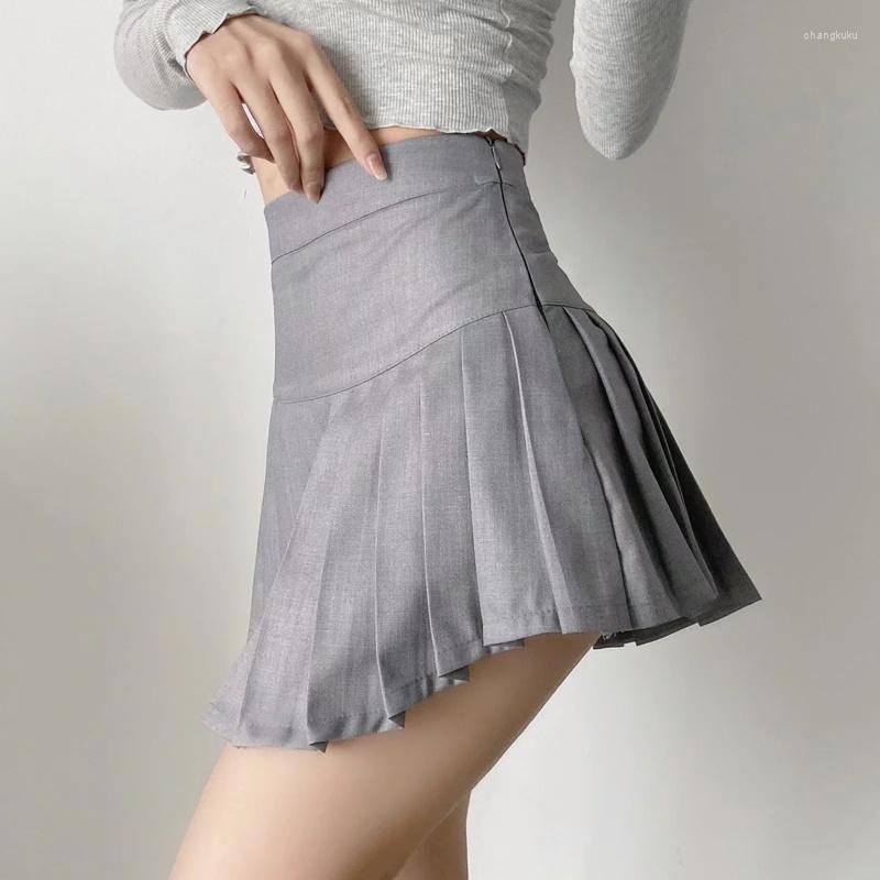 

Skirts Women Curved Hem Pleated Mini Skirt With Safety Pants Y094, Lightgrey