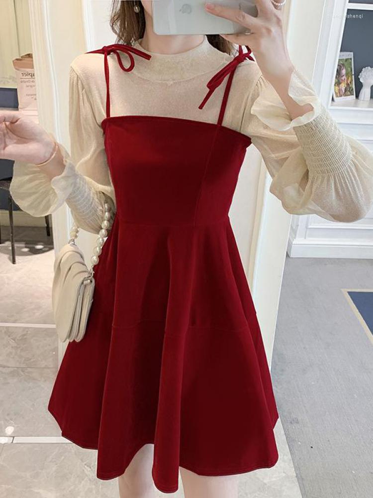 

Casual Dresses Autumn Elegant Two Piece Dress For Women Winter Korean A-line O-neck Tops And Red Sundress Party Night Vestidos, Black
