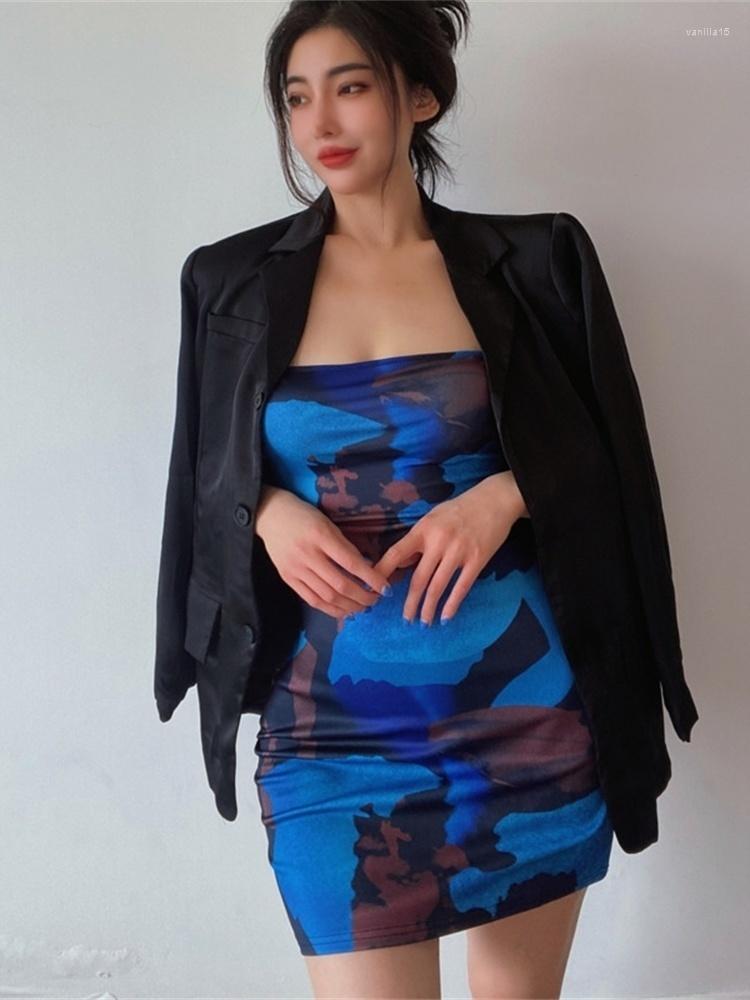 

Casual Dresses TVVOVVIN 2023 Fashion Printed Strapless Sexy Slim Slash Neck Backless Tank Mini Dress Korean Women Tops 1IC3, Blue