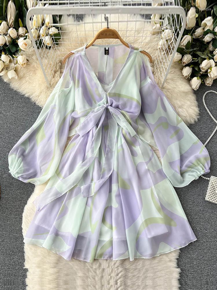 

Casual Dresses Bohemian Summer Women Mini French Chiffon Dress Female Vintage Robe Sexy V-neck Waist Slim Short Vestidos Elegantes, Purple